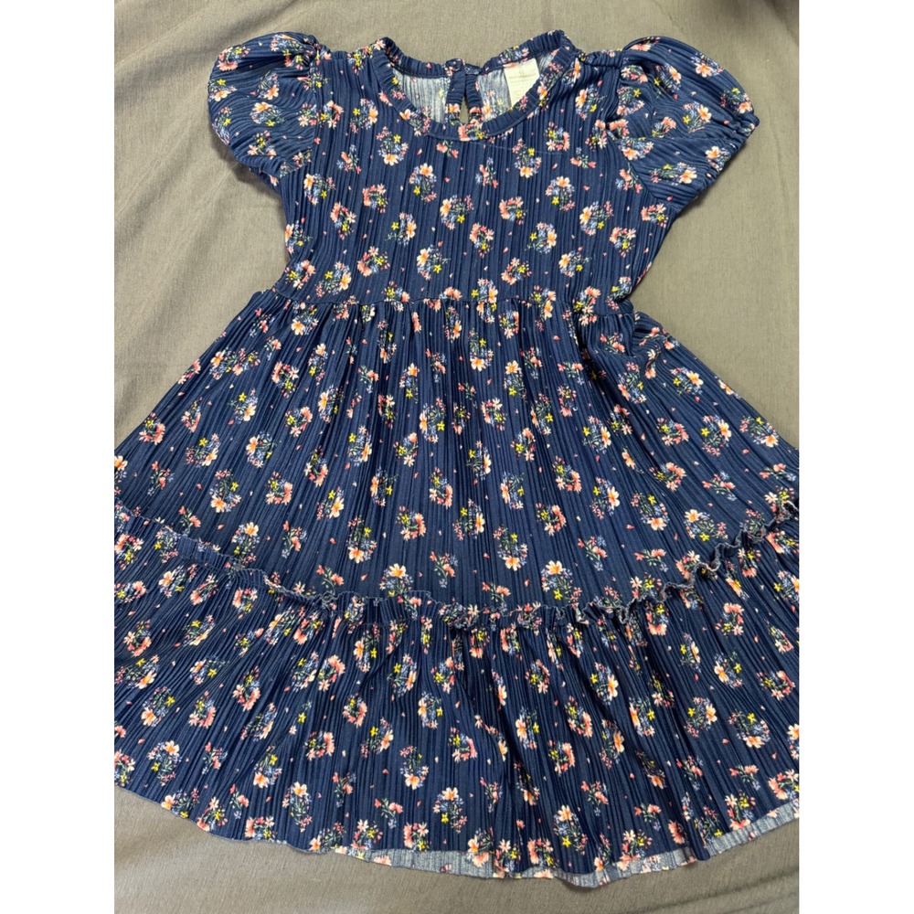 Navy Blue Floral Plissé Pleated Tiered Dress Short Puff Sleeve 4T